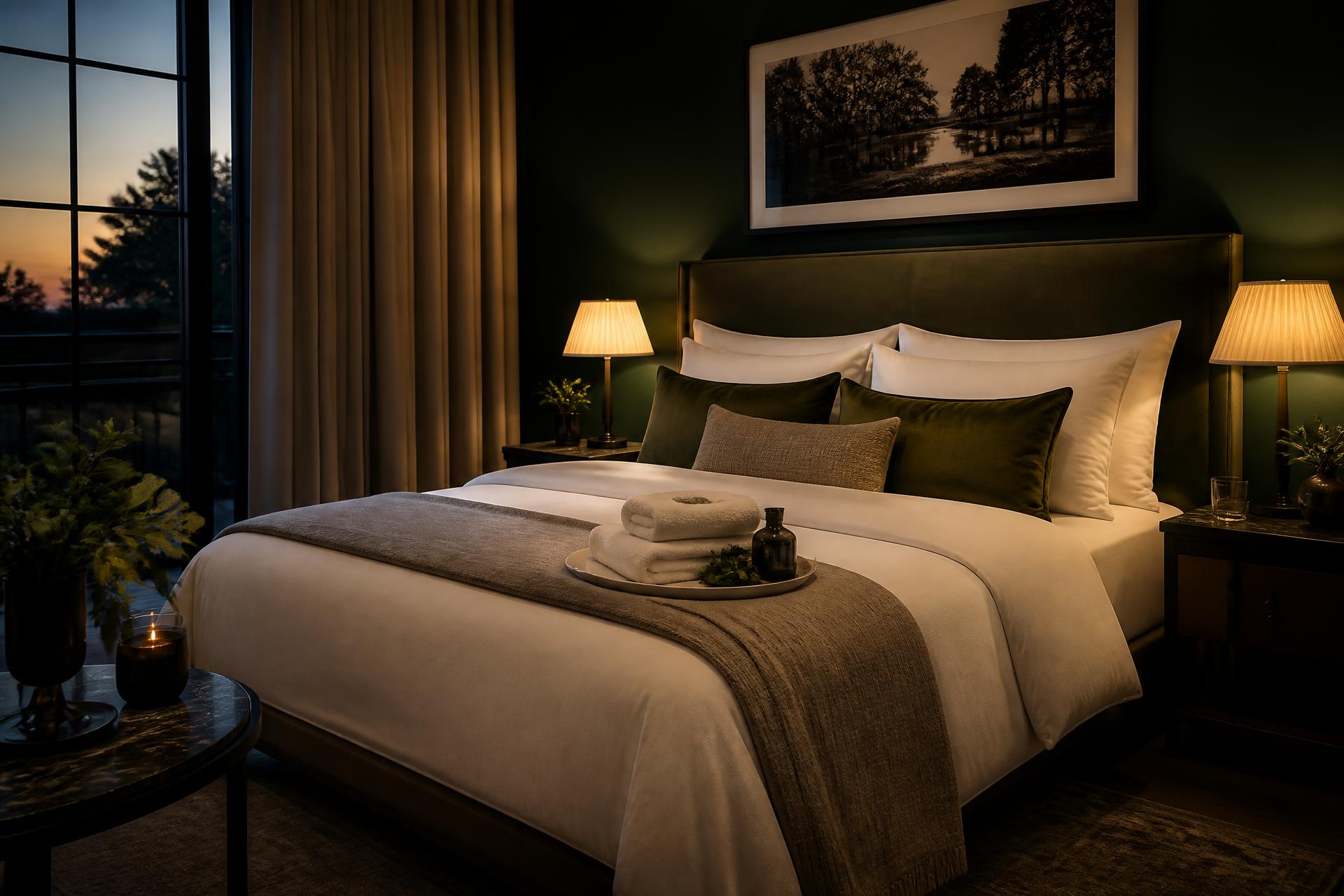 Chambre d'hôtel de luxe avec linge de maison ivoire et murs vert forêt