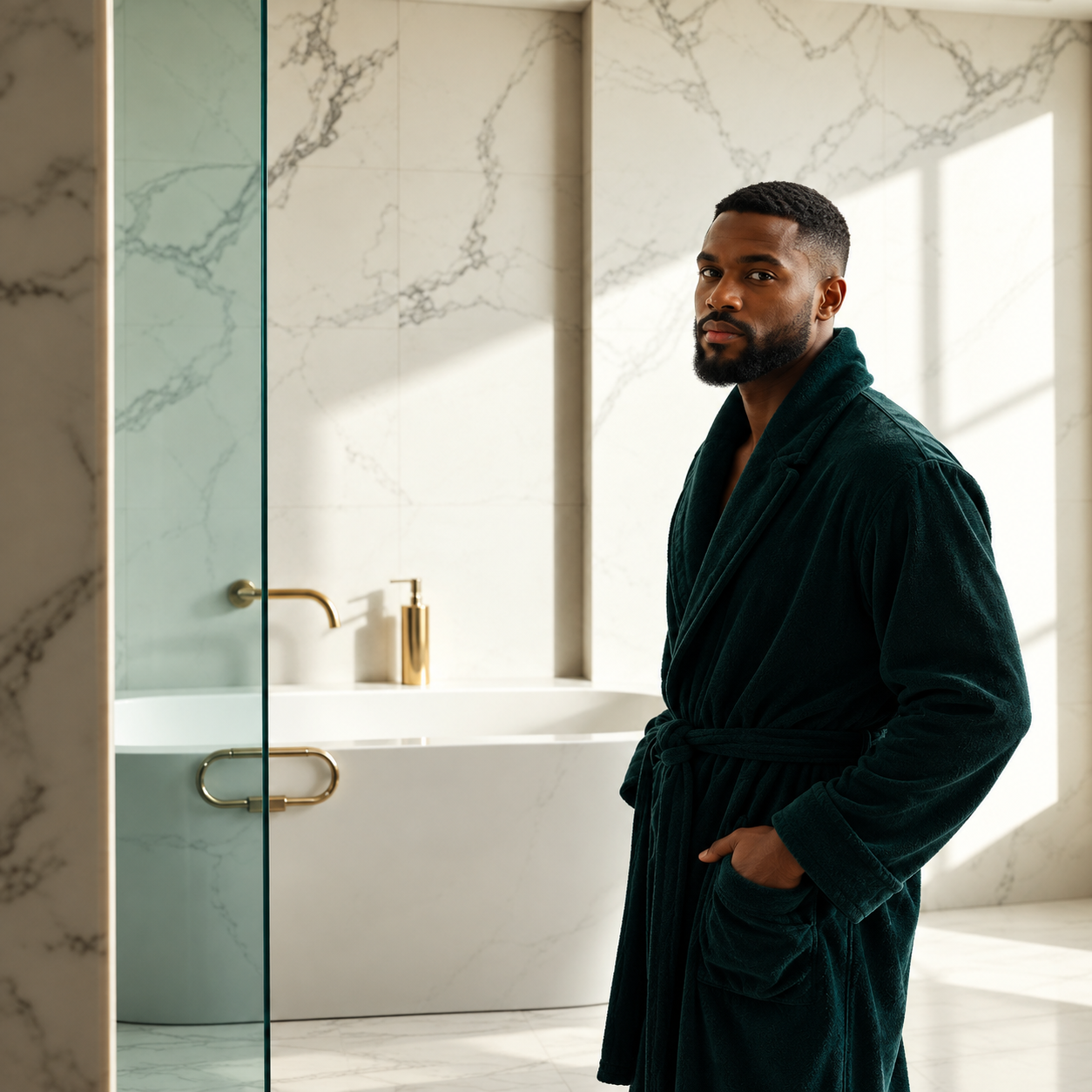 Homme en peignoir de spa vert profond